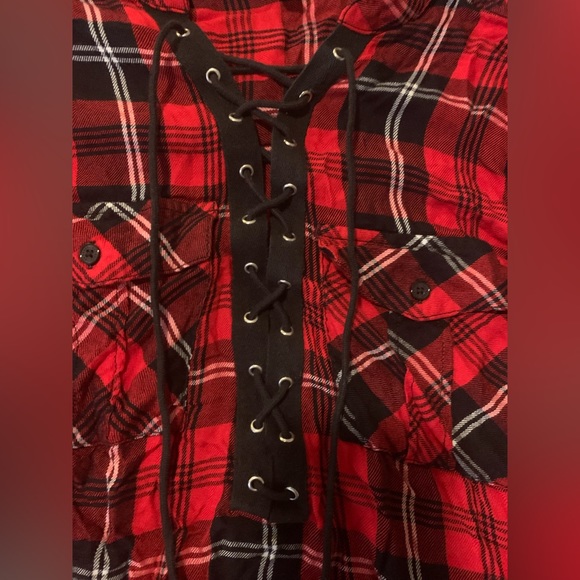 Red and black lace up top. EUC. Size small. - Picture 9 of 11